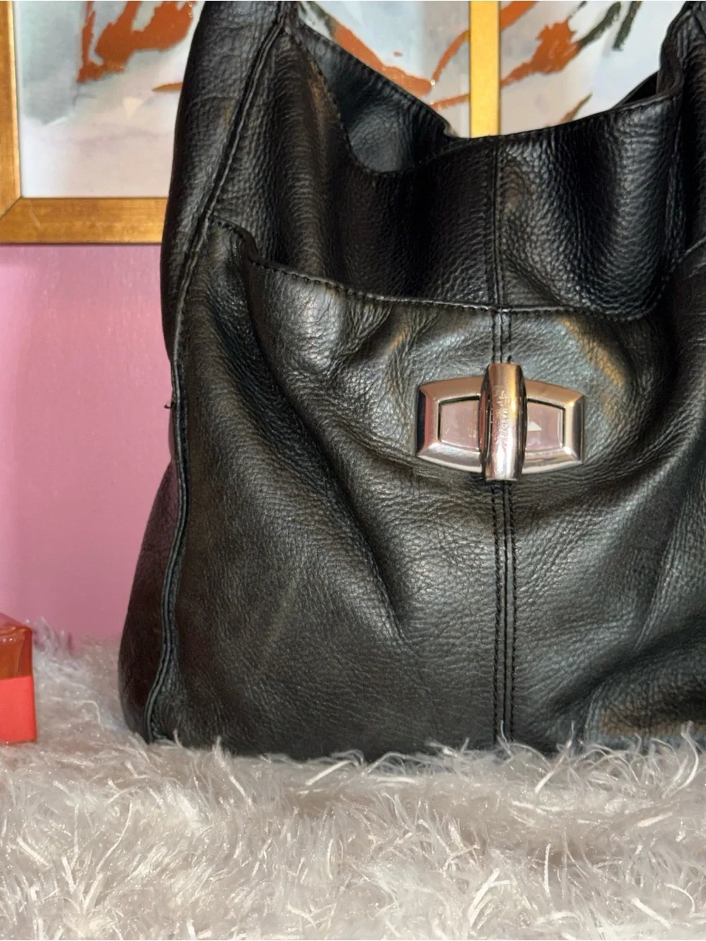 b. makowsky Black Pebbled Leather Hobo with Turn-Lock